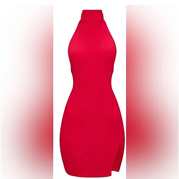 RED Ribbed High Neck Split Detail Bodycon Dress - Picture 1 of 10